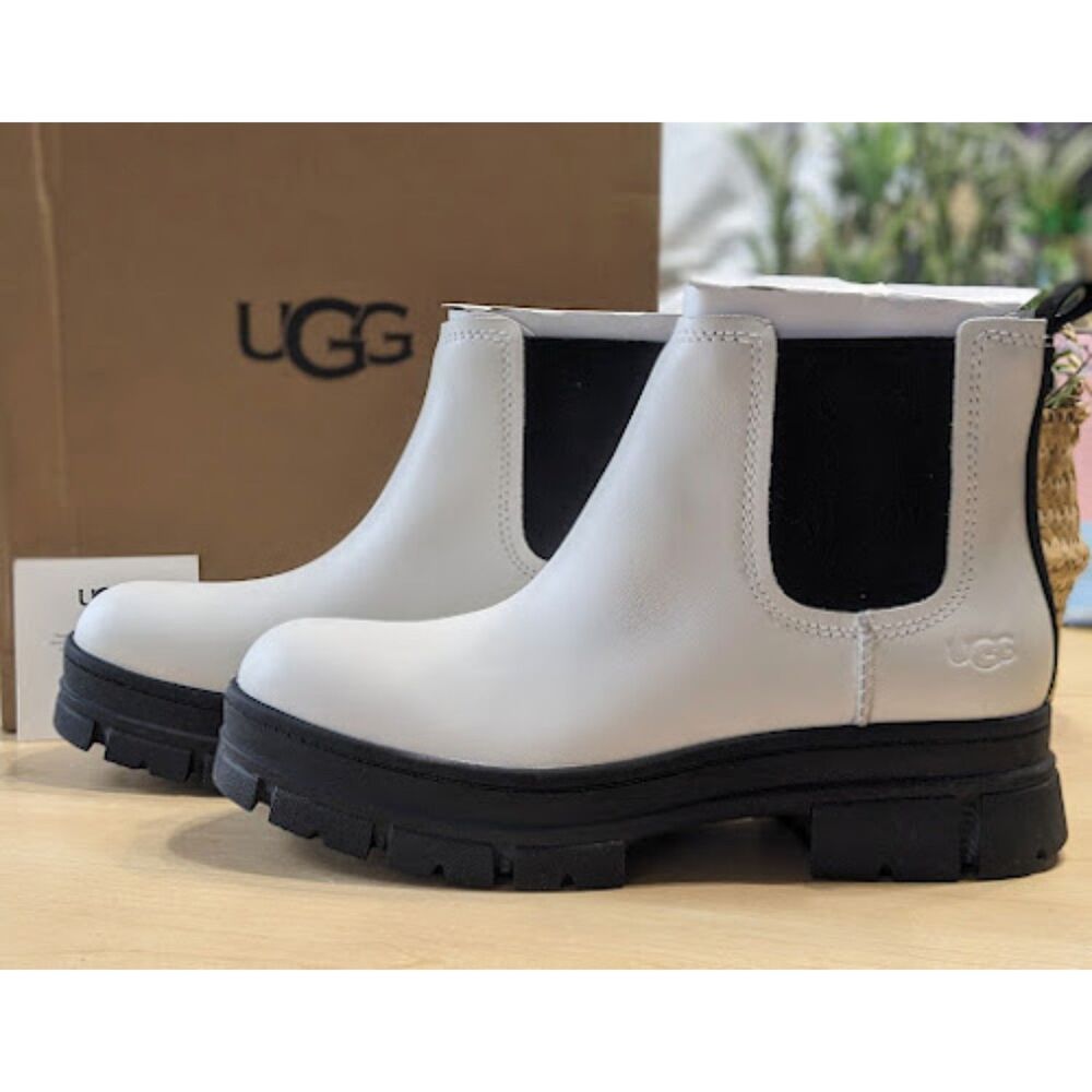 UGG Ashton Waterproof White Leather Chelsea Boots Women's Size 9.5 EU 40.5 NIB